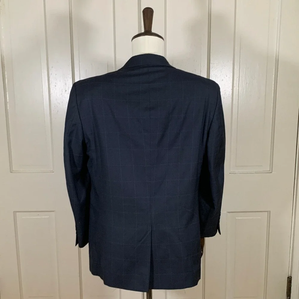 Jos A Bank Signature Mens 38S Navy Wool Silk Windowpane Blazer Sport Coat